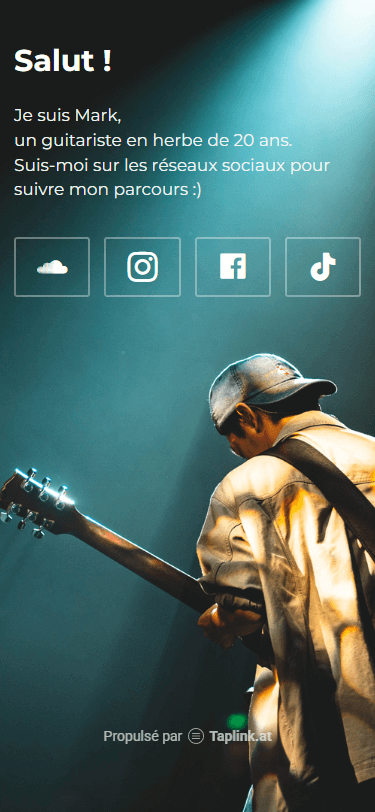 Page Link in Bio d’un guitariste créée avec Taplink