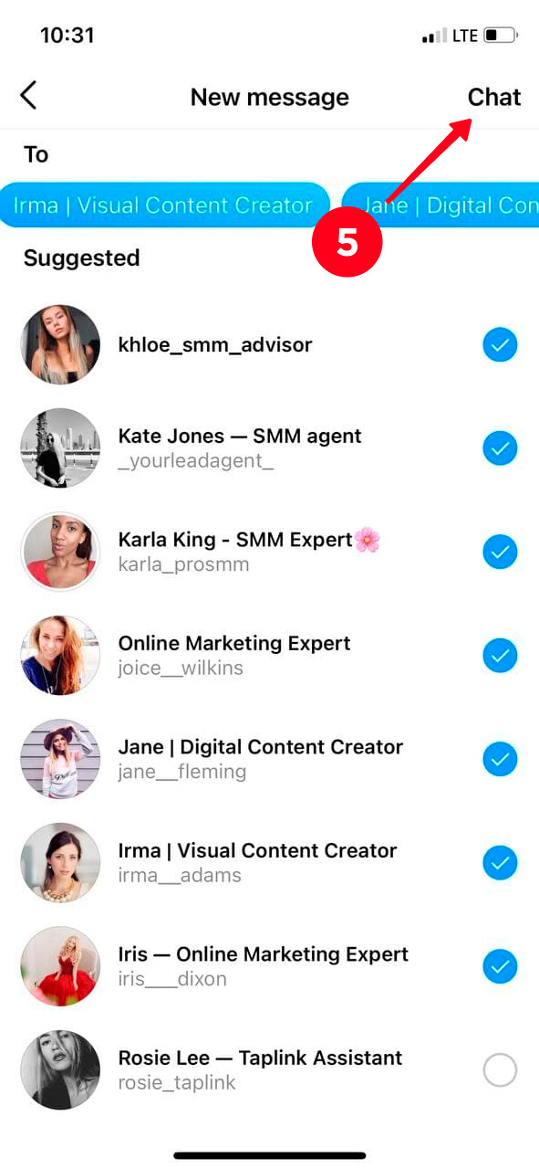 Tapping Chat in the New Message menu
