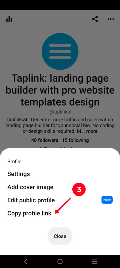 Tapping Copy profile link on Pinterest