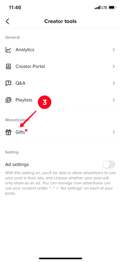 Choosing Gifts on the list of creator tools in the TikTok app