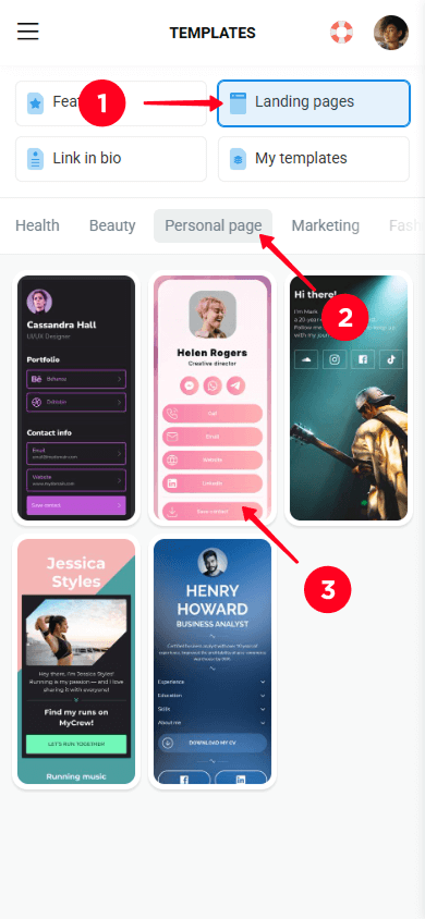 Going to the Landing page tab, selecting Personal page, and tapping a template in Taplink