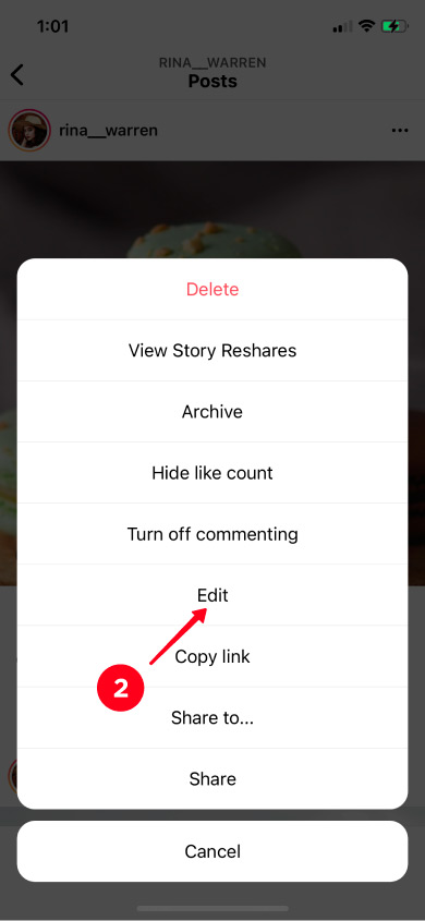 Choosing Edit on the list in the Instagram app