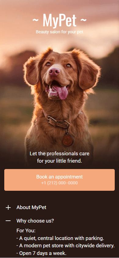 Pet beauty salon’s website created with Taplink as a Linktree alternative