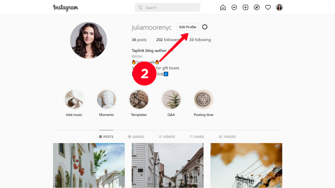 Choosing profile editing settings on the desktop Instagram site