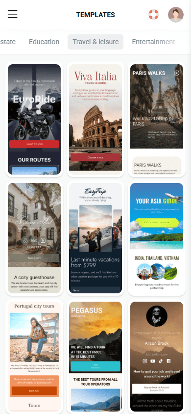 First part of page templates available in Taplink
