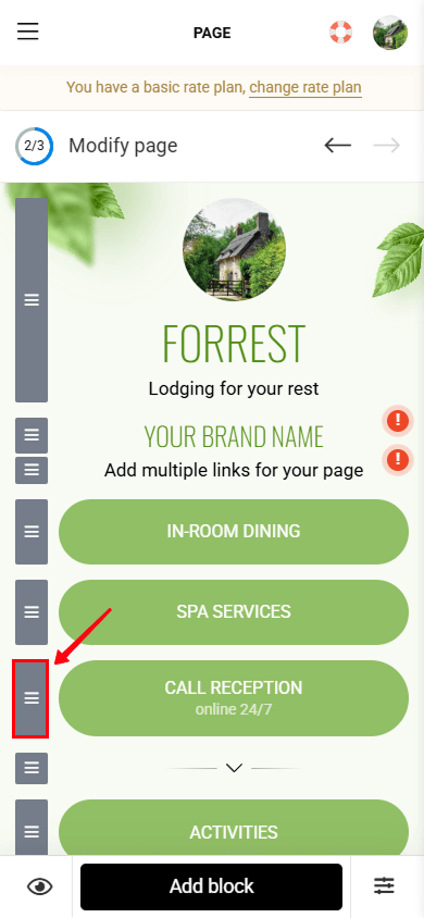 Holding and moving the drag icon in the Taplink builder of the page with multiple links