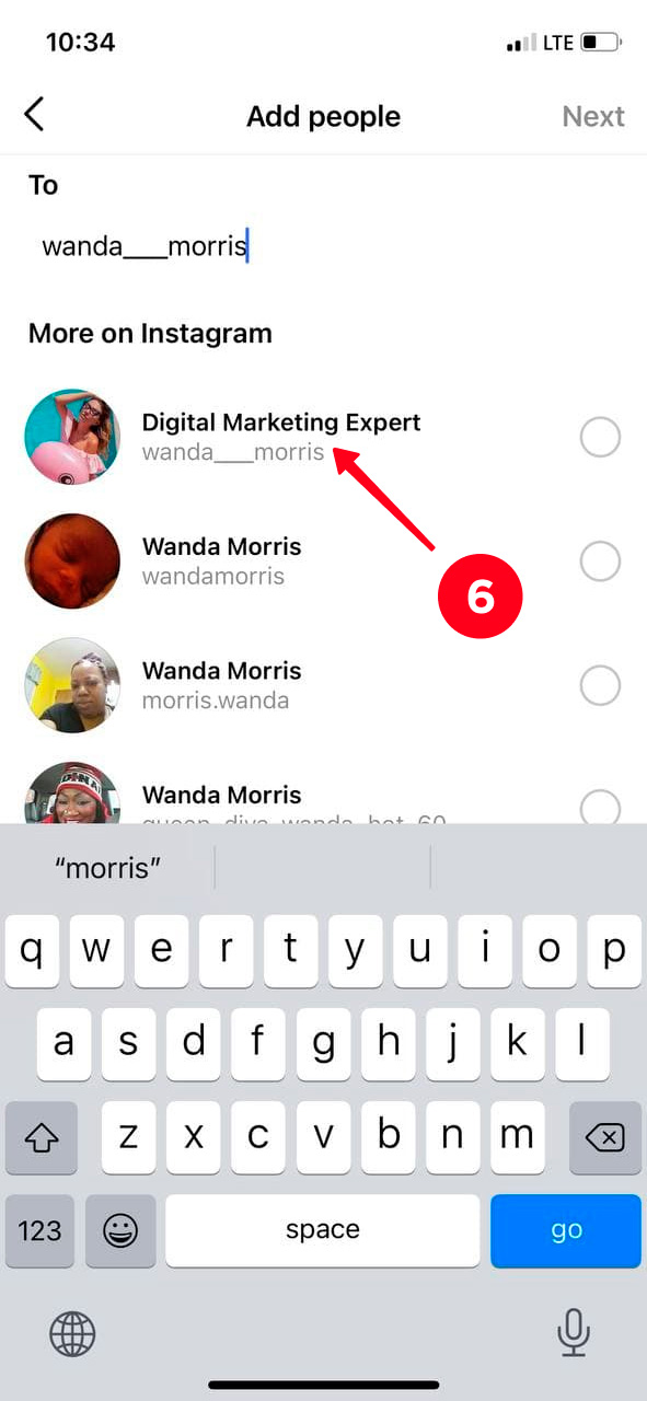 Tapping a username on the list in the Instagram app