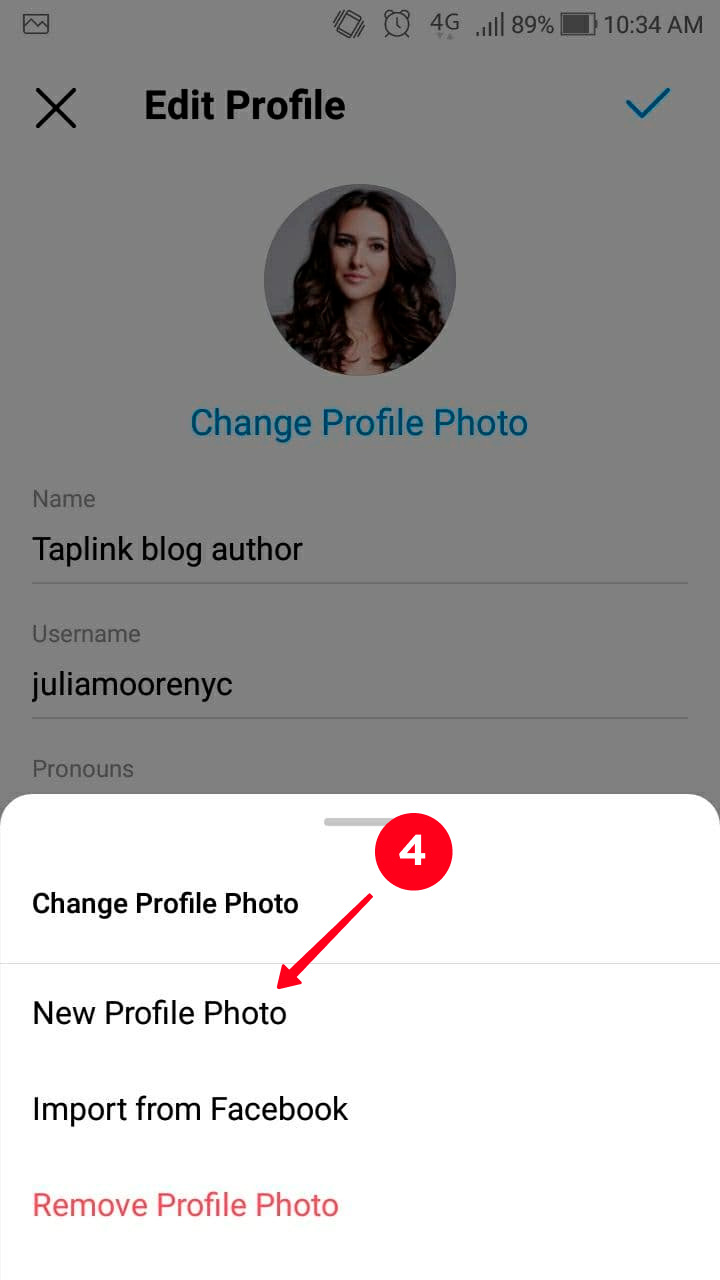 Selecting New Profile Photo in the Instagram app on an Android-powered smartphone