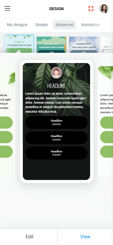 An advanced theme preview in the Taplink website builder