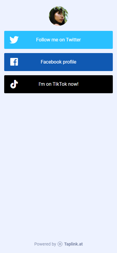 Twitter, Facebook, TikTok links added as buttons to a Taplink page