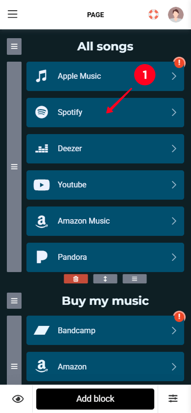 Tapping on the music links in the musician’s website editor