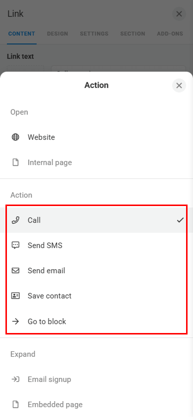 Selecting an action from the dropdown menu in the Action field in Taplink