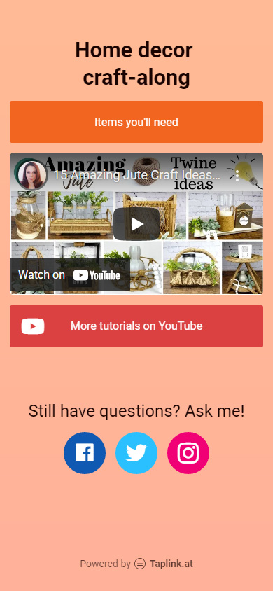 Instagram link in bio page for an Etsy seller with a YouTube video and social profile links