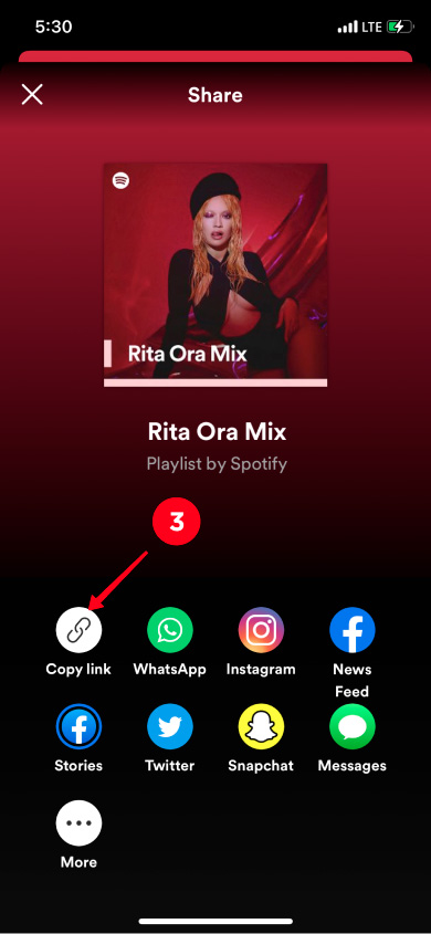 Choosing Copy link in the Spotify playlist sharing options