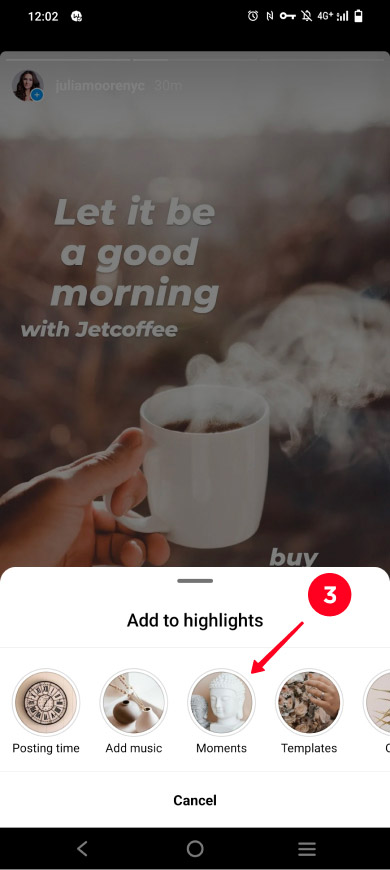 Choosing a highlight to save a story on an Instagram profile page