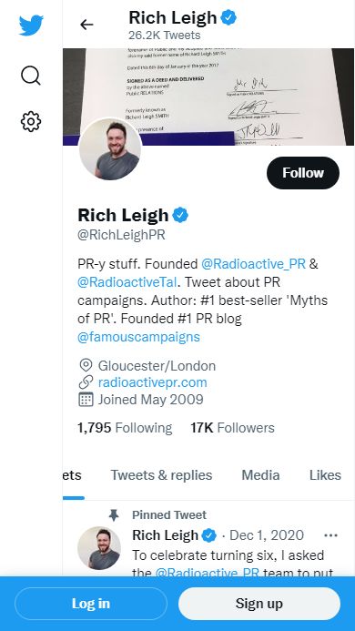 Nano-influencer's profile page on Twitter