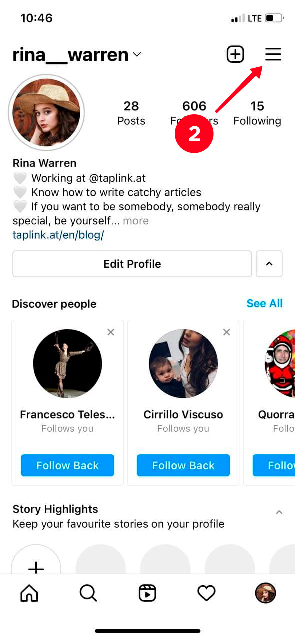 Tapping the hamburger menu on an Instagram profile page