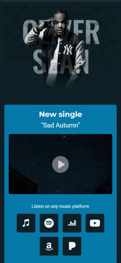 Video player and music streaming platform links on a musician’s Taplink page