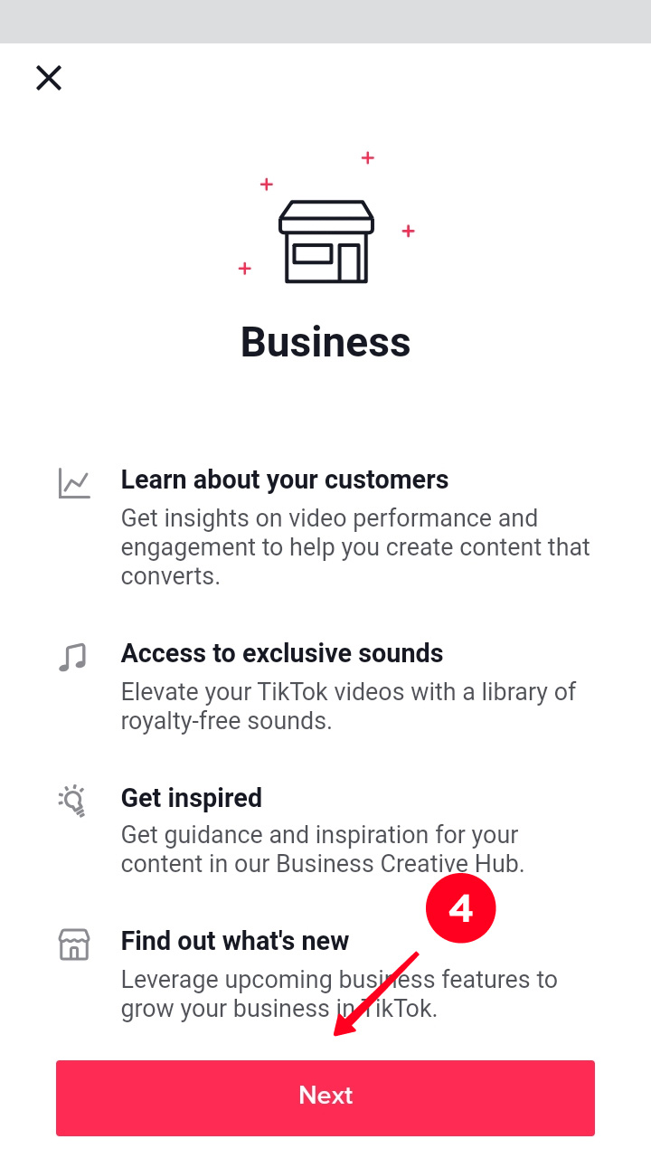 Pulsante Next evidenziato nelle impostazioni dell'account TikTok Business