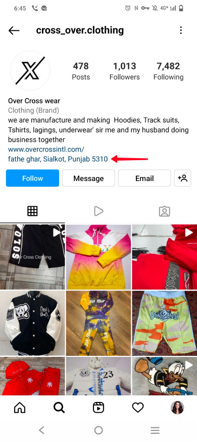 Highlighted clickable exact address in an Instagram bio