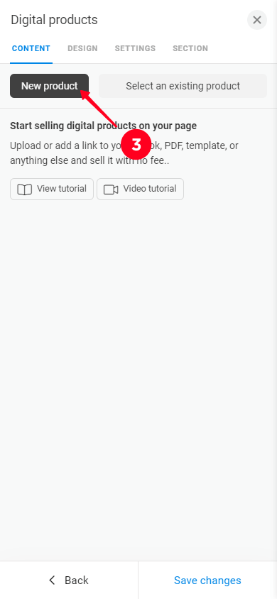 Tapping the New product button in the Digital products block customization window