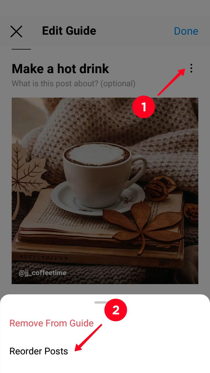 Tapping the three dot menu and choosing Reorder Posts