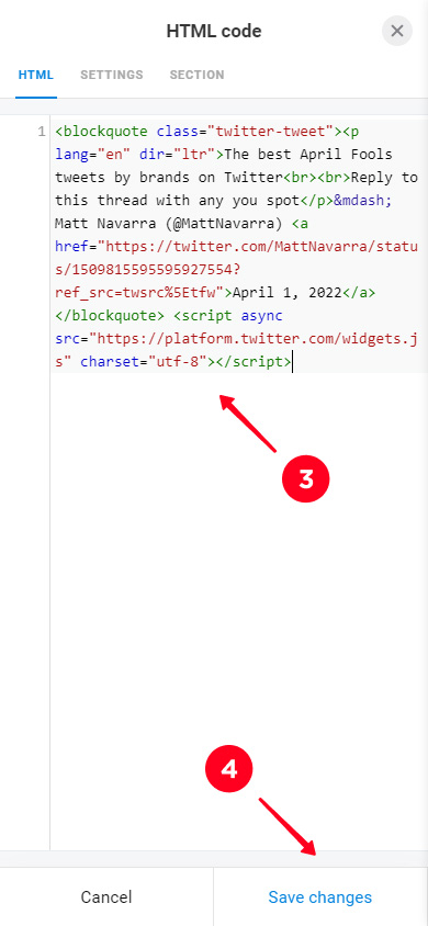 Pasting a copied embed code and saving the HTML code changed