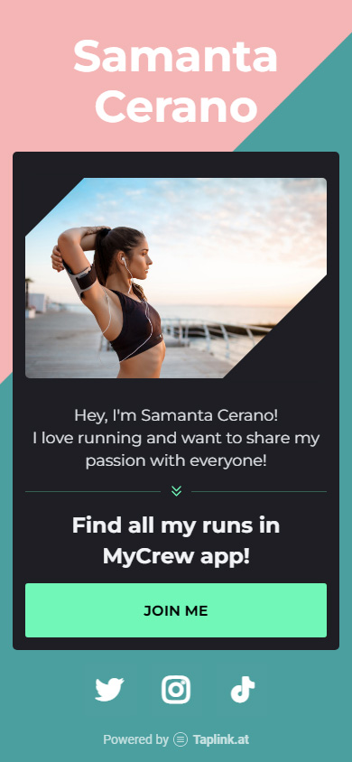 Pagina di Samanta con una grande foto e testi, e un pulsante su Taplink