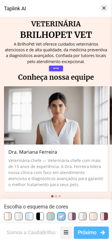 Uma página com um esquema de cores amarelo no construtor Taplink AI