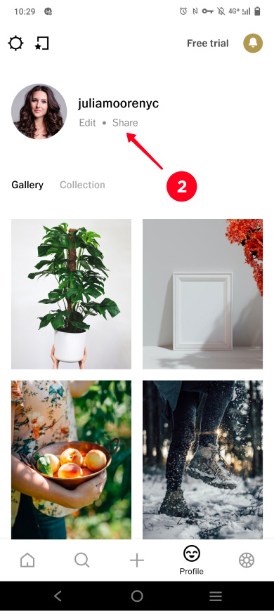 Tapping Share in a VSCO profile page in the app