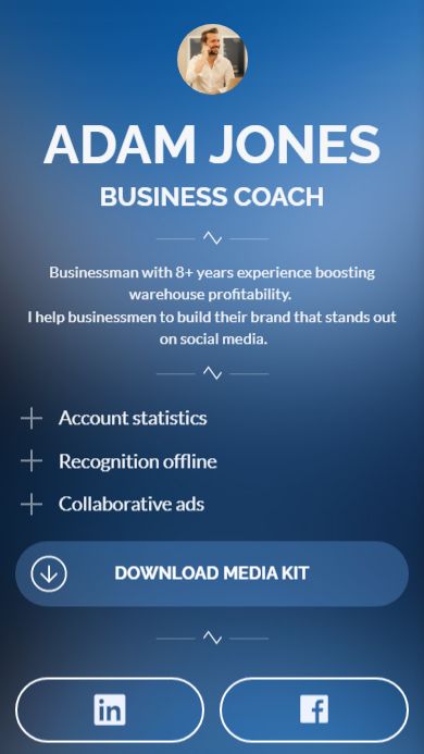 Business coach link in bio page made on Taplink for his social media influencer profile