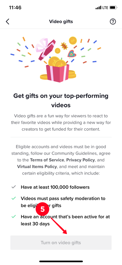 Tapping the Turn on video gifts settings