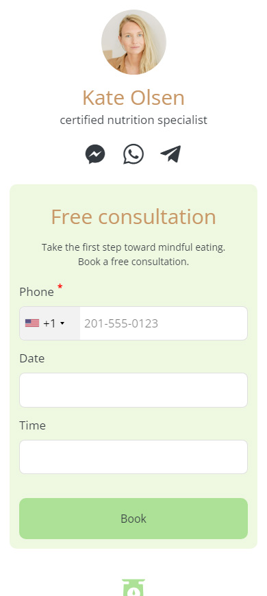 Booking form on an Instagram link in bio page made on Taplink for a nutritionist