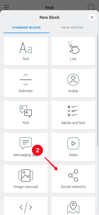 Choosing Social networks on the list of Taplink blocks