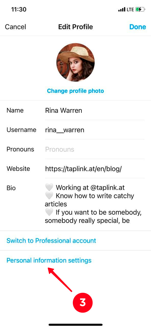 Choosing Personal information settings in the Edit profile menu