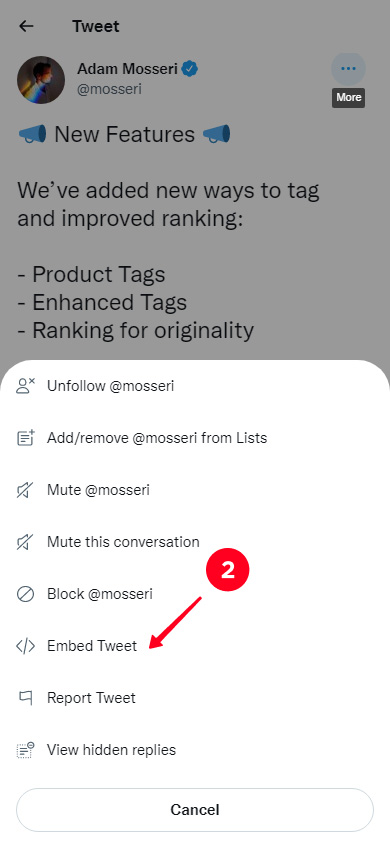 Choosing Embed Tweet on the list of Twitter post options