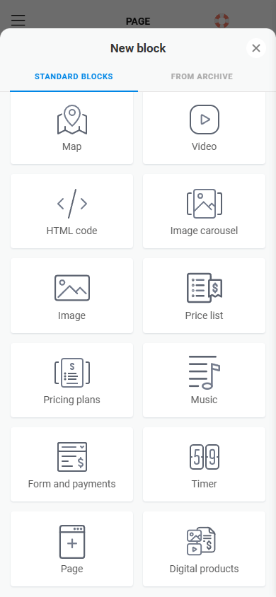 Second set of available blocks in the Taplink cafe website builder