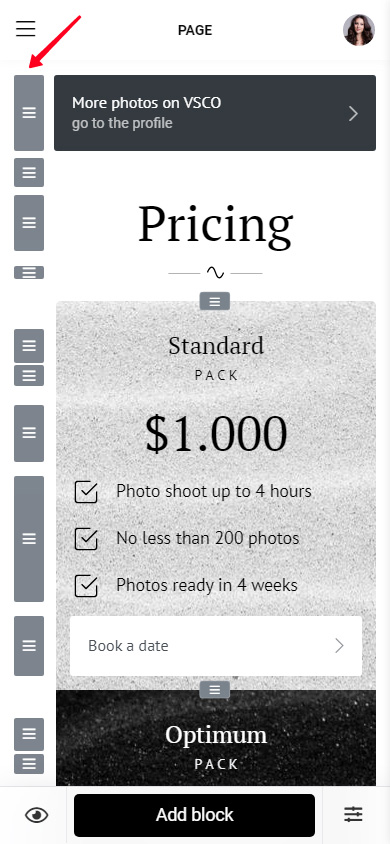 Highlighted three lines near a VSCO button on a Taplink page in the editor