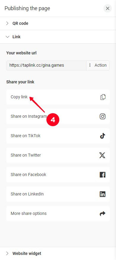 Copying the page link in the Taplink publishing menu