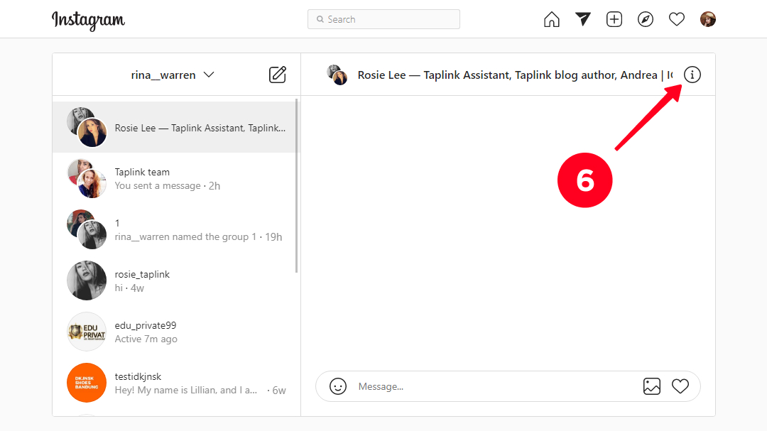 Tapping the info icon in an Instagram group chat on a computer
