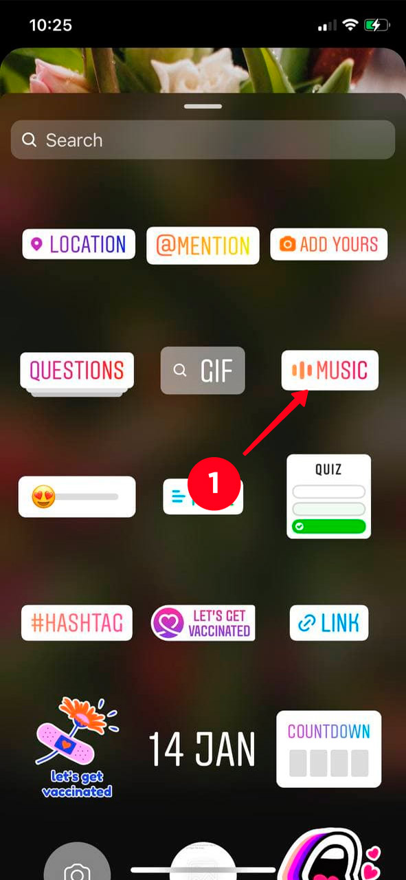Choosing Music on the list of Instagram Stories stickers