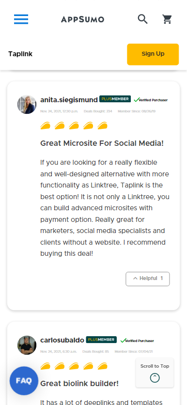 Una recensione che confronta Taplink e Linktree su AppSumo