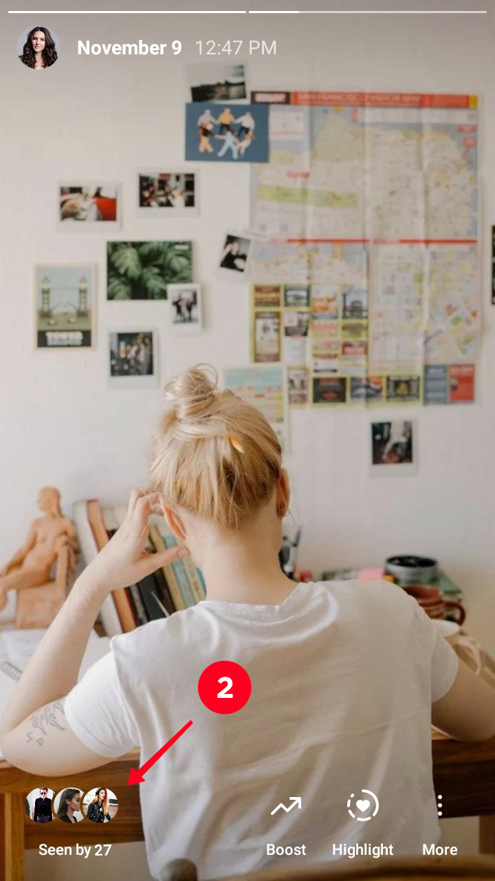 Opening the list of Instagram story viewers on a smartphone