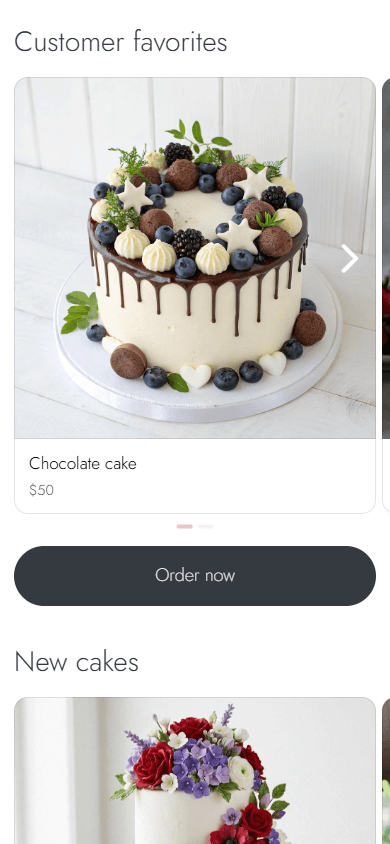 Middle of a bakery’s page with cake photo carousels