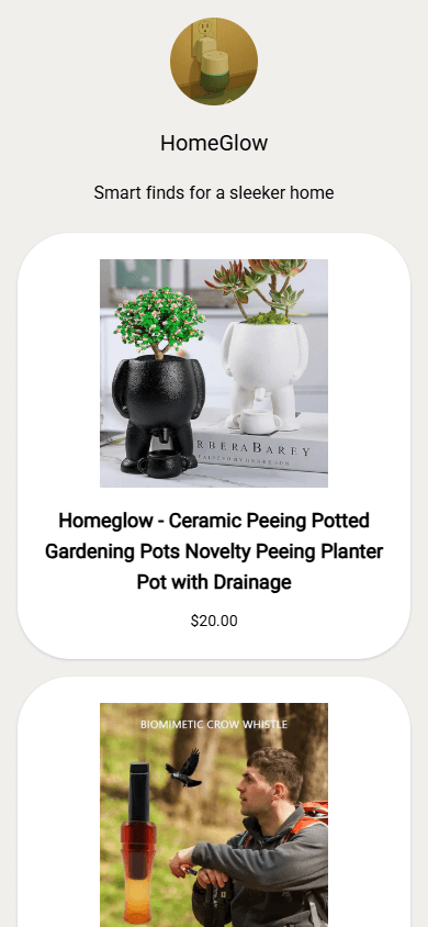 Home goods seller’s link in bio page created using Linkpop