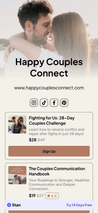 Relationship coach’s store created with Stan Store