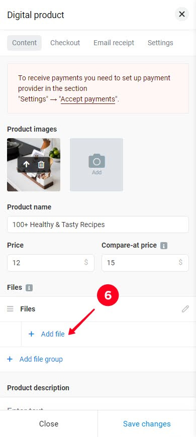 Tapping + Add file in the product settings