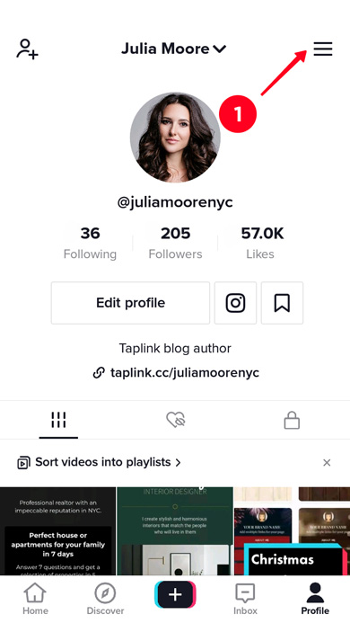 Tapping the three lines to open TikTok settings in the app