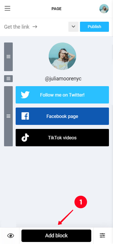 Tapping Add block in the Taplink editor