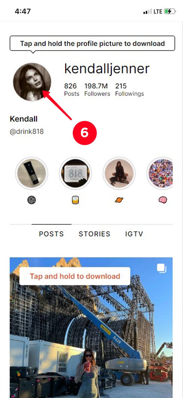 Tapping the Instagram profile picture to call the downloading menu
